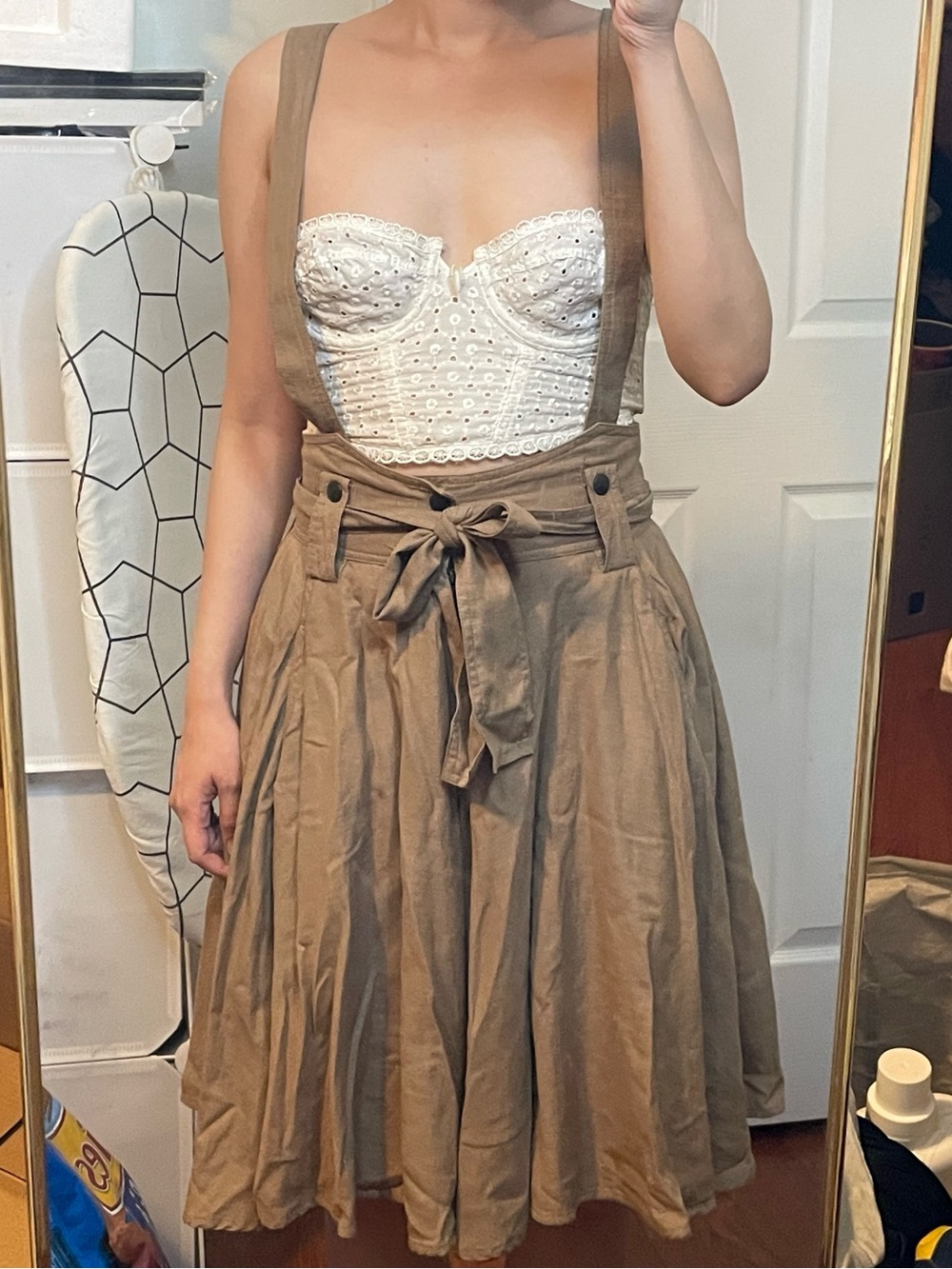 See by Chloe A-Line Brown Tan Pinafore Midi Skirt with Suspenders Size S - Picture 13 of 14